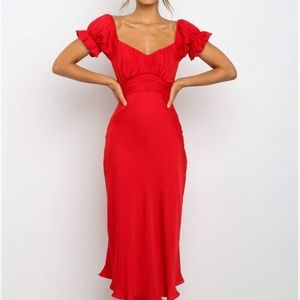 Red midi length round neckline short sleeve ruched bust dress!